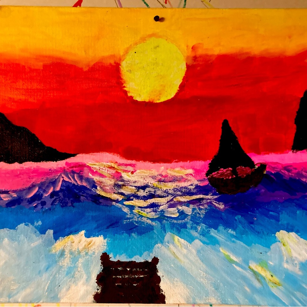 Handmade acrylic painting of a lake at sunset. Original artwork